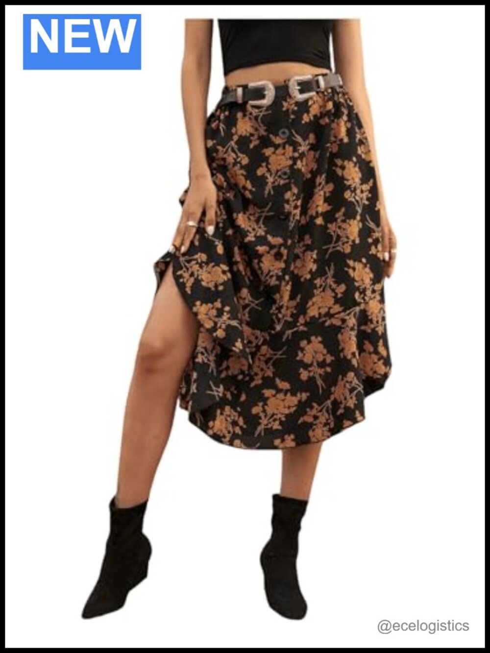 Women's Floral Midi Skirt Button Front High Waist Ruffle Hem Flowy A-Line